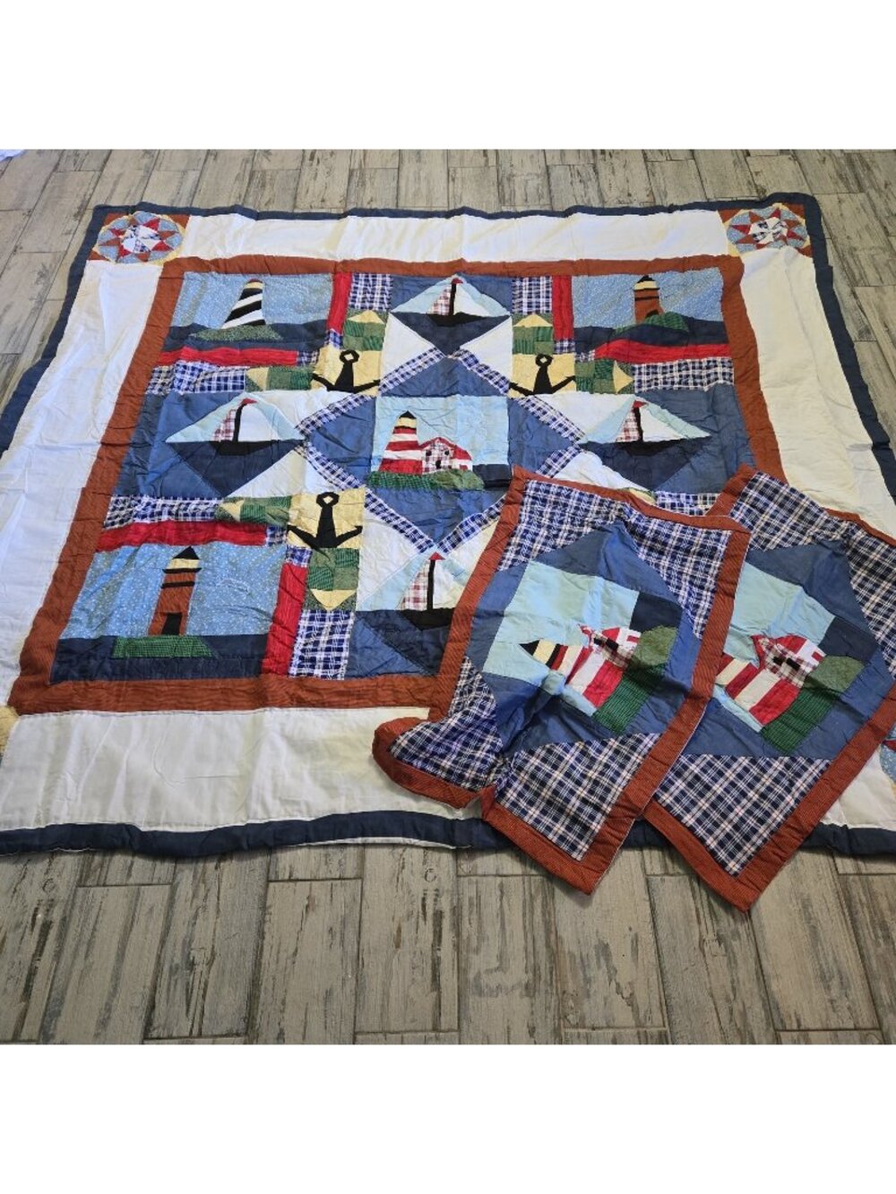 King Quilt Lighthouse Sailboat 90 x 100 Red White Blue 2 shams Anchor Nautical